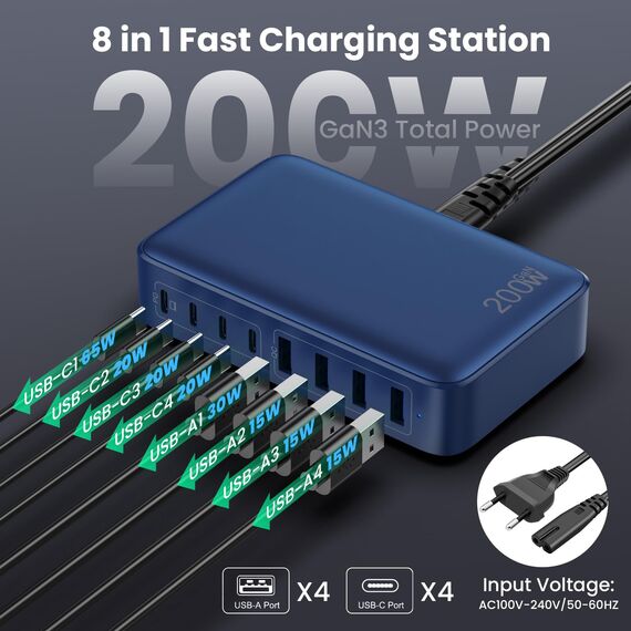 200W USB C Ladegerät, GaN III 8-Port USB Schnellladegerät PPS PD 65W Laptop Ladegerät Adapter USB C Schnellladestation mit USB-A, USB C Netzteil Charger für MacBook, iPhone,SteamDeck,Smartphones-Blau