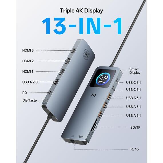 USB C Docking Station 3 HDMI Laptop Dockingstation 3 Monitore 13 in 1 USB C Hub Triple Display mit 3X 4K HDMI, 2,5G Ethernet, PD 100W, 5X 10Gbps USB 3.1, Smart Display, SD/TF für Dell HP