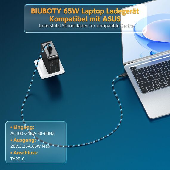 BIUBOTY 65W USB C Netzteil für Asus ZenBook UX325 UX425 VivoBook S13 S14 S15 S433 S533 ExpertBook B9400 B1402 Chromebook C434 C523 HP EliteBook Lenovo ThinkPad Yoga Dell XPS MacBook Air Pro Ladegerät