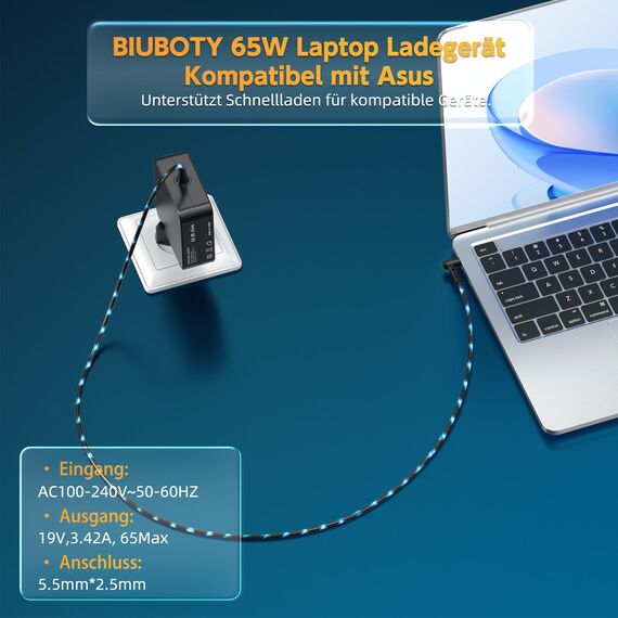 BIUBOTY 65W Netzteil für ASUS Laptop 19V 3,42A 5,5×2,5mm Ladegerät für K53 K55 X550 X555 X54 F550 A52 R510 F555L X751 Notebook Adapter Rundstecker