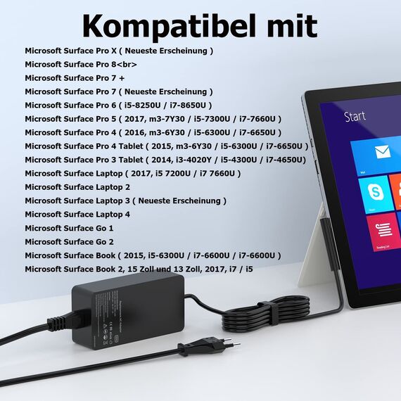 Surface Ladekabel 65W Ladegerät Kompatibel mit Microsoft Surface Pro 11/10/9/8/7/Pro 7+/6/5/4/3/X, Sur-face Laptop 7/6/5/4/3/2, Go 4/3/2, Book 3/2/1 Windows Surface Adapter mit USB-Port