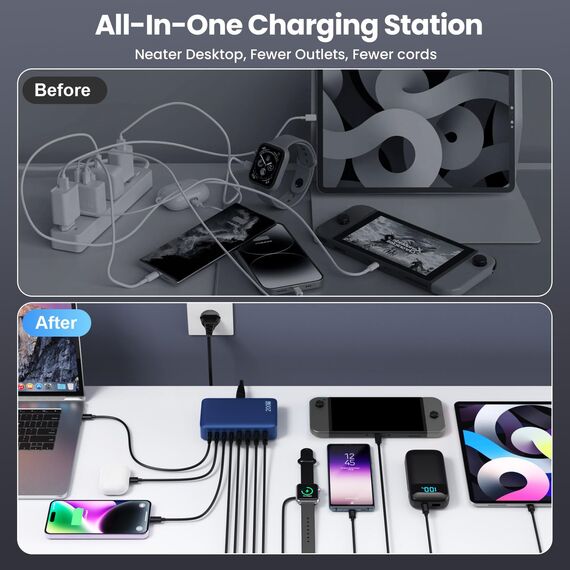 200W USB C Ladegerät, GaN III 8-Port USB Schnellladegerät PPS PD 65W Laptop Ladegerät Adapter USB C Schnellladestation mit USB-A, USB C Netzteil Charger für MacBook, iPhone,SteamDeck,Smartphones-Blau
