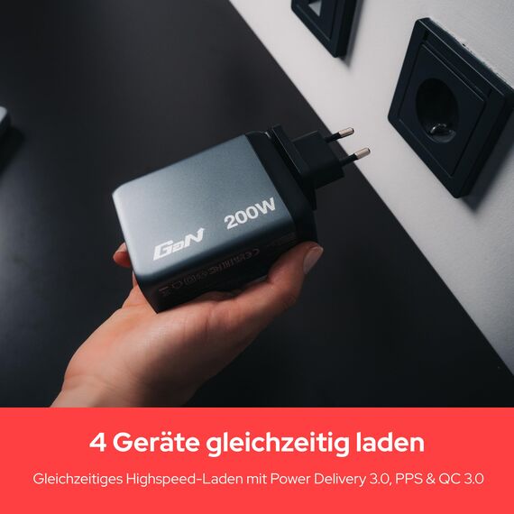 Verbatim GaN Charger 200 W, 4 Ports USB-C Ladegerät, Power Adapter mit 3 x USB-C und 1 x USB-A, Schnellladegerät als Mehrfachstecker, für Apple MacBook, Notebook, iPad, iPhone, Samsung und Co