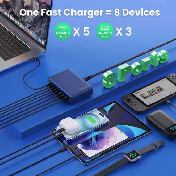 Feob 430W USB C Ladegerät Mehrfach, 8 Ports GAN IV Schnellladegerät PD 100W Ladestation Charger Station PPS USB Hub C Netzteil für Laptop, MacBook, iPad, iPhone 16/15/14 Galaxy usw-Blau