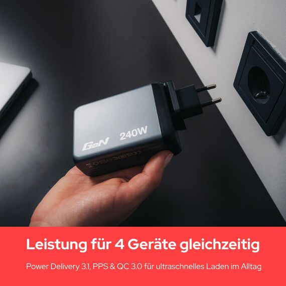 Verbatim GaN Charger 240 W, 4 Ports USB-C Ladegerät, Power Adapter mit 3 x USB-C und 1 x USB-A, Schnellladegerät als Mehrfachstecker, für Apple MacBook, Notebook, iPad, iPhone, Samsung und Co