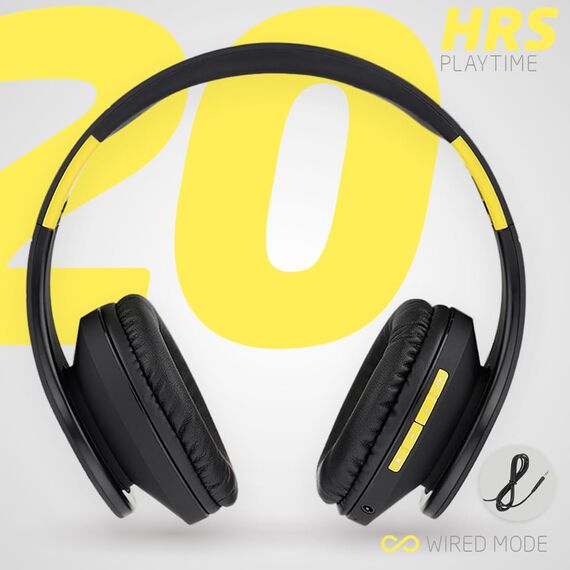 PowerLocus Bluetooth Over-Ear Kopfhörer, Kabellos Stereo Faltbare Kopfhörer Kabellose und Kabel-Kopfhörer mit Integriertem Mikrofon, Micro SD/TF, FM für Handys/iPad/Laptops & PC (Schwarz/Gelb)