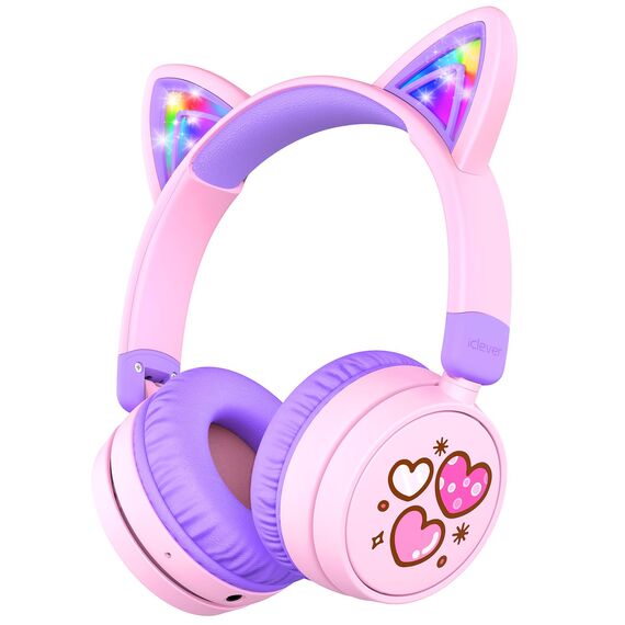 iClever Bluetooth Kopfhörer Kinder, 60 Stunden Spielzeit, Katzenohren mit LED-Leuchten, Sichere Lautstärke 74/85dBA, Bluetooth 5.3, USB C Aufladen, Eingebautem Mic für iPad, Tablets, Reisen, Geschenk