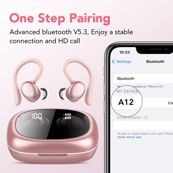 Bluetooth Kopfhörer Sport, Kopfhörer Kabellos Bluetooth 5.3 mit HD Mic, In Ear Kopfhörer mit 4 ENC Klarer Mic, 72 Std Kabellose Kopfhörer mit Tiefer Bass, IPX7 Wasserdicht Ohrhörer mit Ohrhaken, Rose