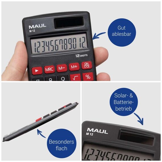 MAUL Taschenrechner klein | Solarrechner mit 12-stelligem Display | Mini Rechner (11,5x7x1 cm & 46 g) ideal für Schule und Alltag | Abschaltautomatik | Batterienutzung bei Dunkelheit | Schwarz