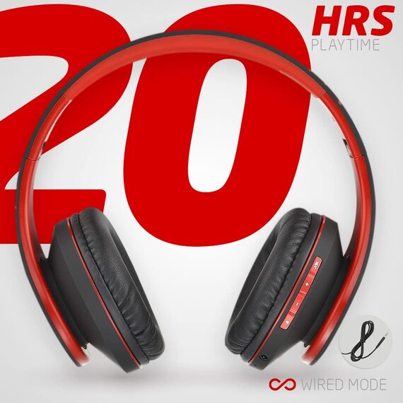 PowerLocus Bluetooth Over-Ear Kopfhörer, Kabellos Stereo Faltbare Kopfhörer Kabellose und Kabel-Kopfhörer mit Integriertem Mikrofon, Micro SD/TF, FM für Handys/iPad/Laptops & PC (Schwarz/Rot)