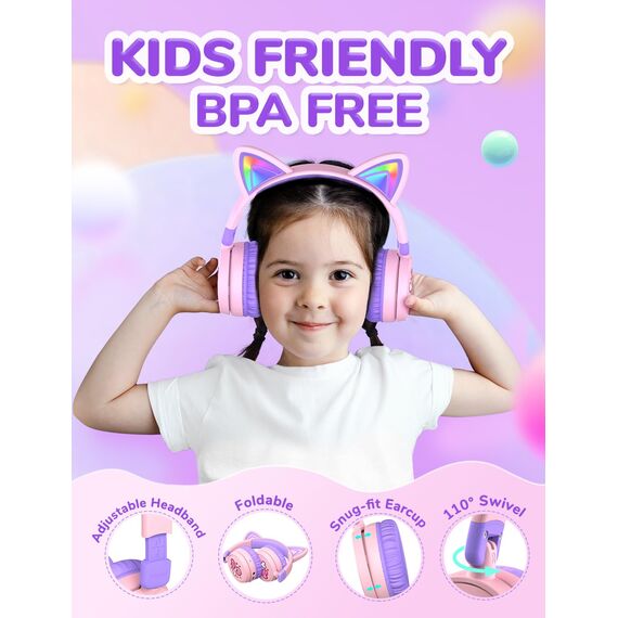iClever Bluetooth Kopfhörer Kinder, 60 Stunden Spielzeit, Katzenohren mit LED-Leuchten, Sichere Lautstärke 74/85dBA, Bluetooth 5.3, USB C Aufladen, Eingebautem Mic für iPad, Tablets, Reisen, Geschenk
