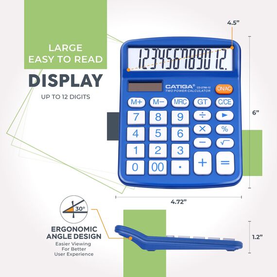 CATIGA Tischrechner 12-stelliger mit großem LCD-Display, sensitiven Tasten, Solar und Batteriebetrieb, Kompakt, leistungsstark und vielseitig, Standardfunktion für Büro, Haus, Schule, CD-2786