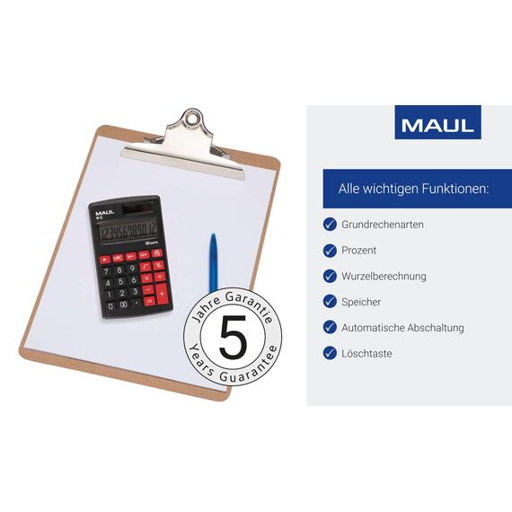 MAUL Taschenrechner klein | Solarrechner mit 12-stelligem Display | Mini Rechner (11,5x7x1 cm & 46 g) ideal für Schule und Alltag | Abschaltautomatik | Batterienutzung bei Dunkelheit | Schwarz