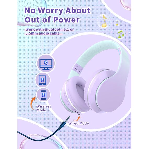 Xunpuls Bluetooth Kinder Kopfhörer, Kinder Kopfhörer kabellos Over-Ear, Lautstärkeregler, Verstellbares Stirnband, Faltbar, Kabellose und Kabel, eingebautes Mikrofon für Handy, Tablet,PC,TV (Violett)