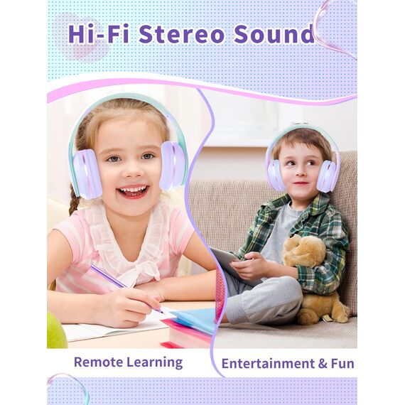 Xunpuls Bluetooth Kinder Kopfhörer, Kinder Kopfhörer kabellos Over-Ear, Lautstärkeregler, Verstellbares Stirnband, Faltbar, Kabellose und Kabel, eingebautes Mikrofon für Handy, Tablet,PC,TV (Violett)