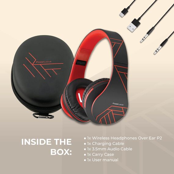 PowerLocus Bluetooth Over-Ear Kopfhörer, Kabellos Stereo Faltbare Kopfhörer Kabellose und Kabel-Kopfhörer mit Integriertem Mikrofon, Micro SD/TF, FM für Handys/iPad/Laptops & PC (Schwarz/Rot)