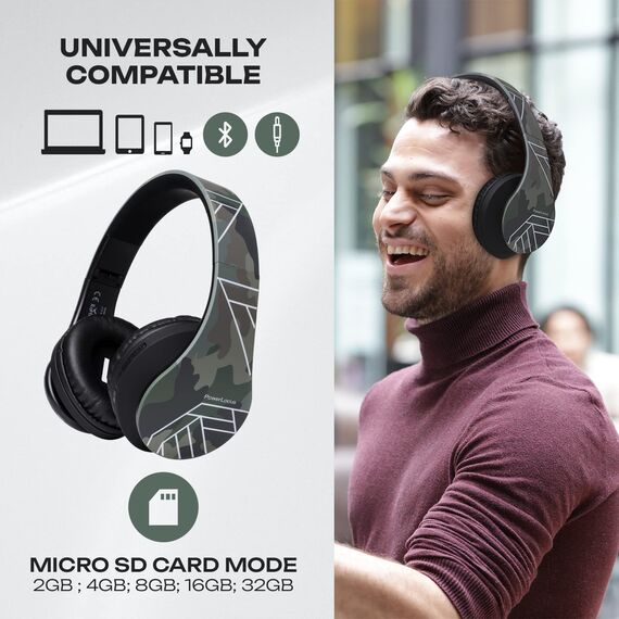 PowerLocus Bluetooth Over-Ear Kopfhörer, Kabellos Stereo Faltbare Kopfhörer Kabellose und Kabel-Kopfhörer mit Integriertem Mikrofon, Micro SD/TF, FM für Handys/iPad/Laptops & PC (Camouflage)