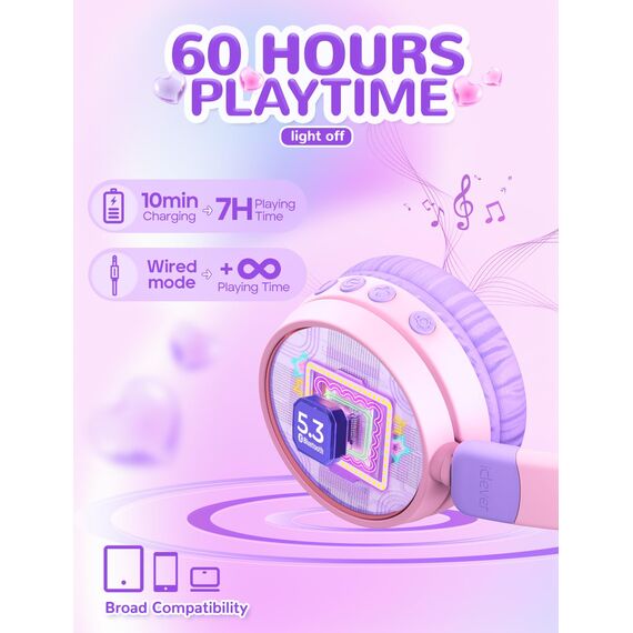 iClever Bluetooth Kopfhörer Kinder, 60 Stunden Spielzeit, Katzenohren mit LED-Leuchten, Sichere Lautstärke 74/85dBA, Bluetooth 5.3, USB C Aufladen, Eingebautem Mic für iPad, Tablets, Reisen, Geschenk