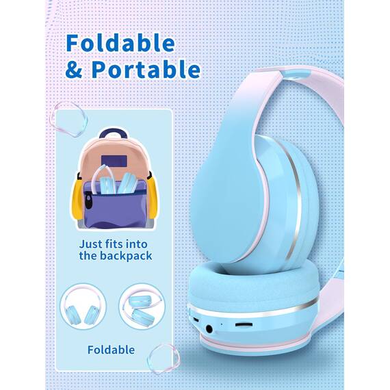 Xunpuls Bluetooth Kinder Kopfhörer, Kinder Kopfhörer kabellos Over-Ear, Lautstärkeregler, Verstellbares Stirnband, Faltbar, Kabellose und Kabel, eingebautes Mikrofon für Handy, Tablet,PC,TV (Blau)