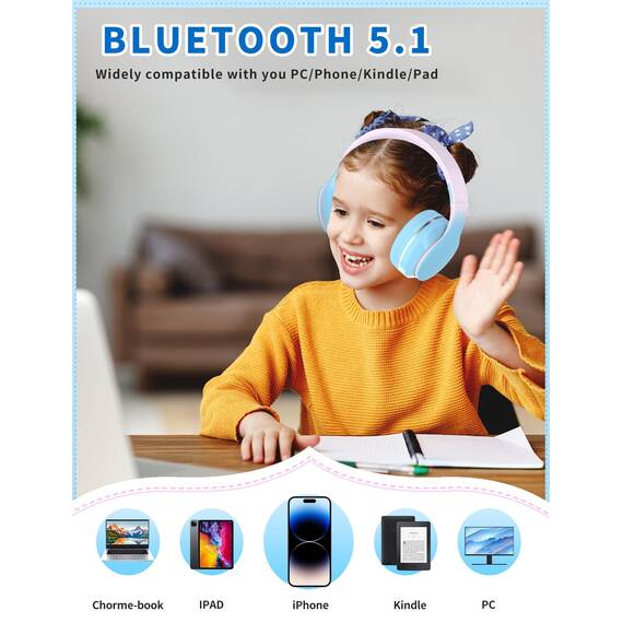Xunpuls Bluetooth Kinder Kopfhörer, Kinder Kopfhörer kabellos Over-Ear, Lautstärkeregler, Verstellbares Stirnband, Faltbar, Kabellose und Kabel, eingebautes Mikrofon für Handy, Tablet,PC,TV (Blau)