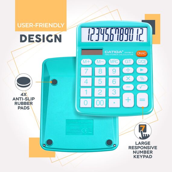 CATIGA Tischrechner 12-stelliger mit großem LCD-Display, sensitiven Tasten, Solar und Batteriebetrieb, Kompakt, leistungsstark und vielseitig, Standardfunktion für Büro, Haus, Schule, CD-2786