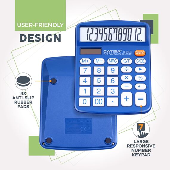 CATIGA Tischrechner 12-stelliger mit großem LCD-Display, sensitiven Tasten, Solar und Batteriebetrieb, Kompakt, leistungsstark und vielseitig, Standardfunktion für Büro, Haus, Schule, CD-2786