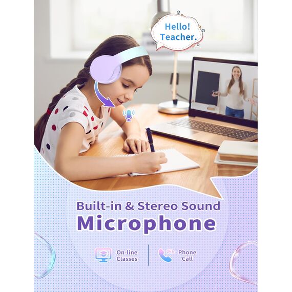 Xunpuls Bluetooth Kinder Kopfhörer, Kinder Kopfhörer kabellos Over-Ear, Lautstärkeregler, Verstellbares Stirnband, Faltbar, Kabellose und Kabel, eingebautes Mikrofon für Handy, Tablet,PC,TV (Violett)
