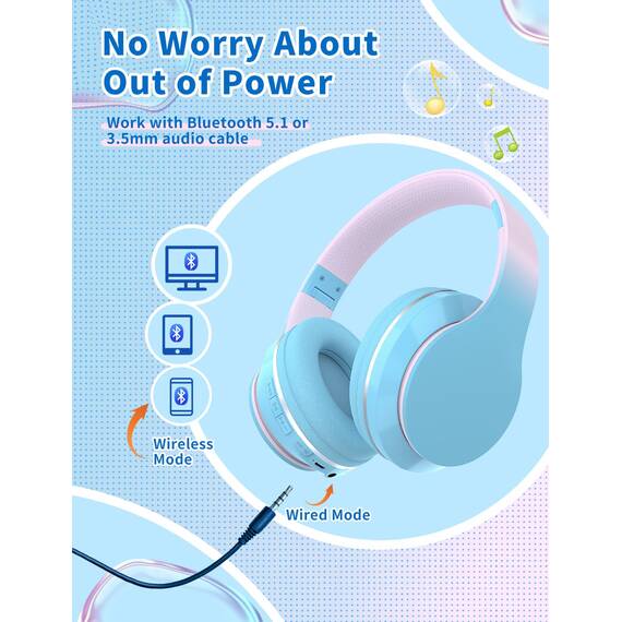 Xunpuls Bluetooth Kinder Kopfhörer, Kinder Kopfhörer kabellos Over-Ear, Lautstärkeregler, Verstellbares Stirnband, Faltbar, Kabellose und Kabel, eingebautes Mikrofon für Handy, Tablet,PC,TV (Blau)