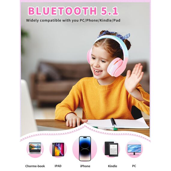 Xunpuls Bluetooth Kinder Kopfhörer, Kinder Kopfhörer kabellos Over-Ear, Lautstärkeregler, Verstellbares Stirnband, Faltbar, Kabellose und Kabel, eingebautes Mikrofon für Handy, Tablet,PC,TV (Rosa)