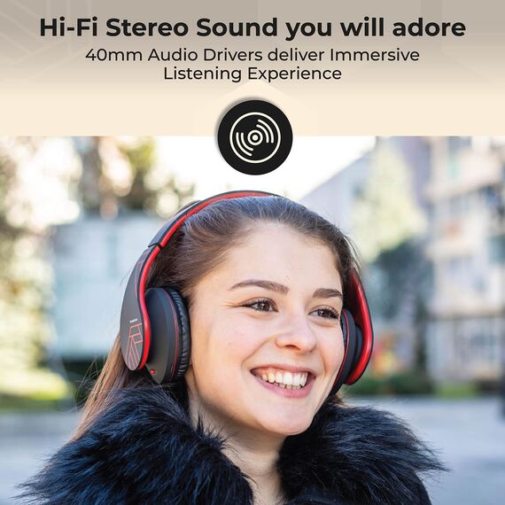 PowerLocus Bluetooth Over-Ear Kopfhörer, Kabellos Stereo Faltbare Kopfhörer Kabellose und Kabel-Kopfhörer mit Integriertem Mikrofon, Micro SD/TF, FM für Handys/iPad/Laptops & PC (Schwarz/Rot)
