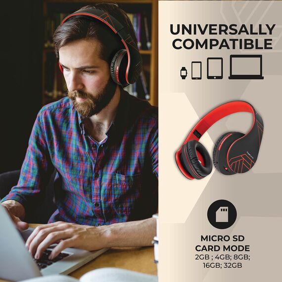 PowerLocus Bluetooth Over-Ear Kopfhörer, Kabellos Stereo Faltbare Kopfhörer Kabellose und Kabel-Kopfhörer mit Integriertem Mikrofon, Micro SD/TF, FM für Handys/iPad/Laptops & PC (Schwarz/Rot)