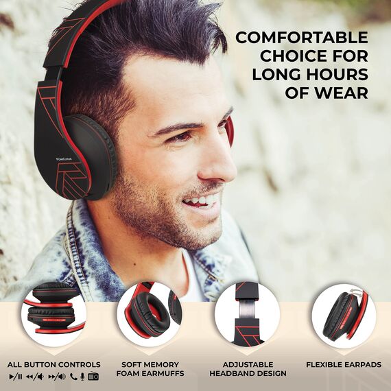 PowerLocus Bluetooth Over-Ear Kopfhörer, Kabellos Stereo Faltbare Kopfhörer Kabellose und Kabel-Kopfhörer mit Integriertem Mikrofon, Micro SD/TF, FM für Handys/iPad/Laptops & PC (Schwarz/Rot)