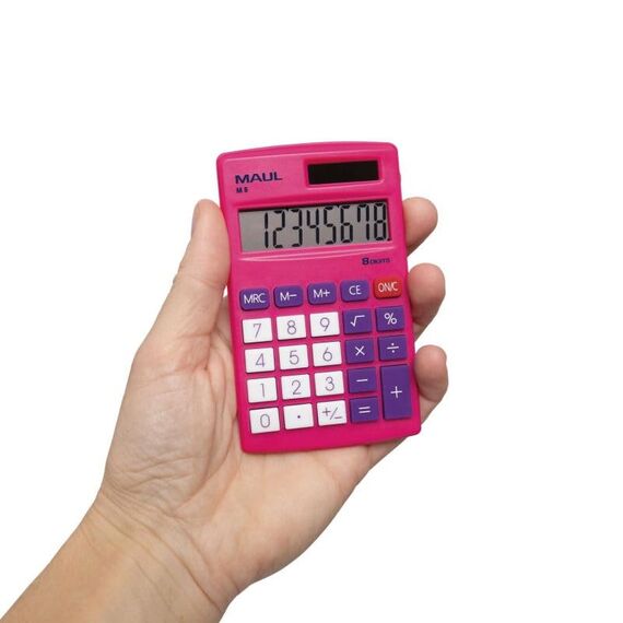 MAUL Taschenrechner M8 | Rechner mit großem 8-stelligem Display | Standardfunktionen für Büro, Zuhause und Schule | Funktionstasten farbig | Solarrechner mit Batterienutzung bei Dunkelheit | Pink