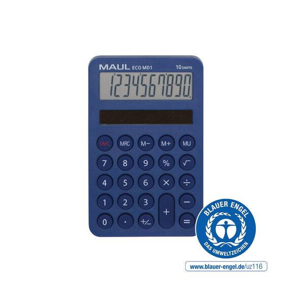 Maul Solar Taschenrechner Eco MD 1 10 Ziffern 5 Funktionen Taschenrechner aus 60% recyceltem Kunststoff Tischrechner für Büro Schule Blue Engel/uz116 Blau