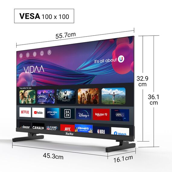 TuTu TUV25FQ1B Fernseher 25 Zoll (64 cm), Full HD Smart TV mit WLAN, Triple Tuner (DVB-T/T2, DVB-C, DVB-S/S2), App Store, AirPlay, HDMI, USB