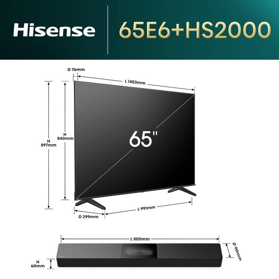 Hisense Bundle 65E6NT 164cm (65 Zoll) Fernseher, 4K UHD Smart TV, HDR, Dolby Vision, 60Hz [2024] HS2000 2.1 Kanal Soundbar, integrierter Subwoofer, 240W, Dolby Audio, Bluetooth, HDMI ARC