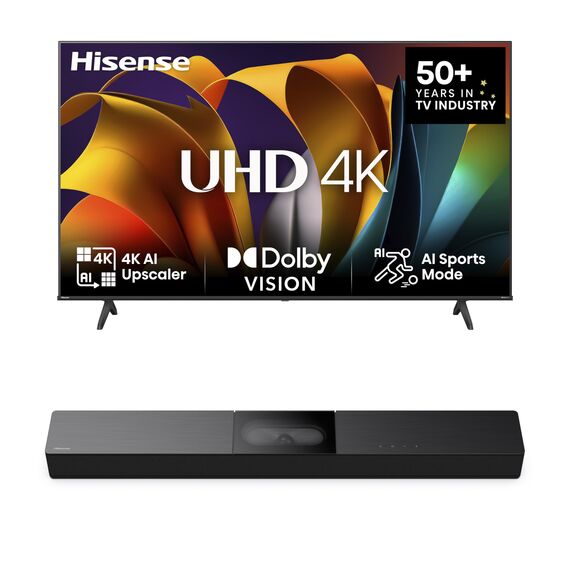 Hisense Bundle 43E6NT 108cm (43 Zoll) Fernseher, 4K UHD Smart TV, HDR, Dolby Vision, 60Hz [2024] HS2000 2.1 Kanal Soundbar, integrierter Subwoofer, 240W, Dolby Audio, Bluetooth, HDMI ARC