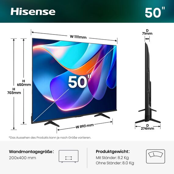 Hisense 50E6DS Fernseher 50 Zoll, 4K UHD QLED, Smart TV, Hi-View AI Engine, 60Hz Game Mode Plus, Dolby Vision, AI 4K Upscaler, DTS Virtual: X, AI Smooth Motion, Airplay, Sprachsteuerung[2026]