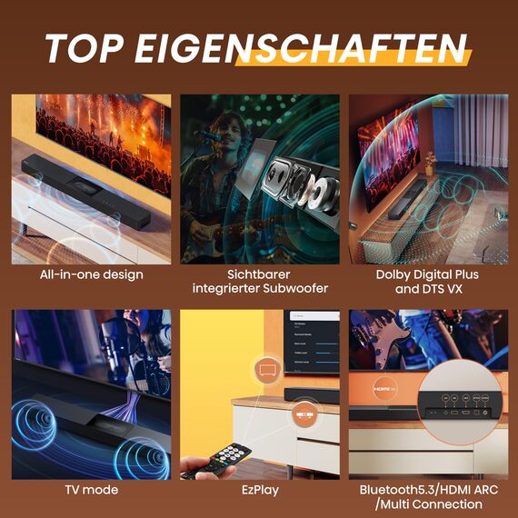 Hisense Bundle 65E6NT 164cm (65 Zoll) Fernseher, 4K UHD Smart TV, HDR, Dolby Vision, 60Hz [2024] HS2000 2.1 Kanal Soundbar, integrierter Subwoofer, 240W, Dolby Audio, Bluetooth, HDMI ARC