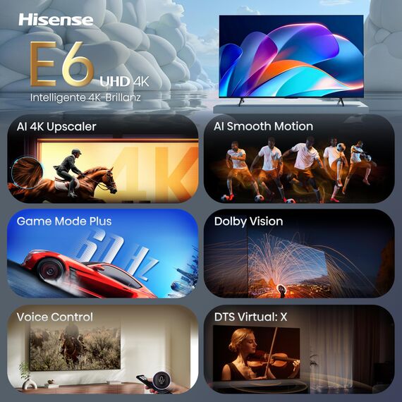 Hisense 50E6DS Fernseher 50 Zoll, 4K UHD QLED, Smart TV, Hi-View AI Engine, 60Hz Game Mode Plus, Dolby Vision, AI 4K Upscaler, DTS Virtual: X, AI Smooth Motion, Airplay, Sprachsteuerung[2026]