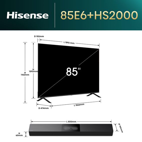 Hisense Bundle of 85E6NT 214,78cm (85 Zoll) Fernseher, 4K UHD Smart TV, Precision Colour, HDR HS2000 2.1 Kanal Soundbar mit integriertem Subwoofer, 240W, Dolby Audio, Bluetooth
