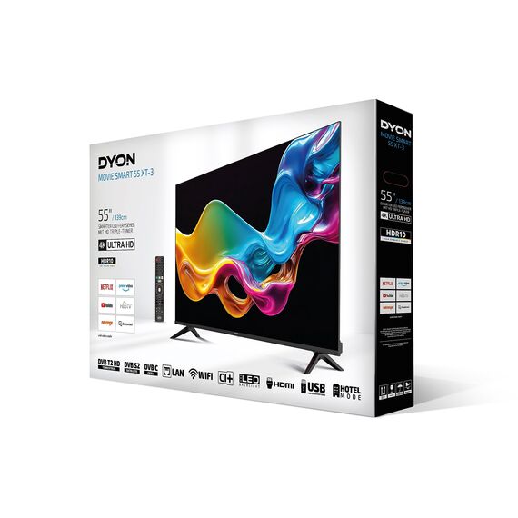 DYON Movie Smart 55 XT-3 139 cm (55 Zoll) Fernseher (4K Ultra-HD Smart TV, HD Triple Tuner (DVB-C/-S2/-T2), Prime Video, Netflix & HbbTV) [Modelljahr 2023]
