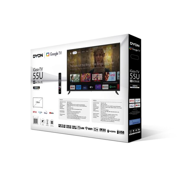 DYON iGoo-TV 55U - 55 Zoll (139 cm) 4K Ultra HD Smart LED Fernseher mit Google TV, HD Triple Tuner, Sprachsteuerung, Netflix, Prime Video, YouTube, DAZN, Disney+