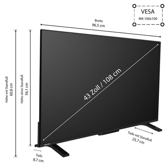 Toshiba 43QV2363DAW 43 Zoll QLED Fernseher/VIDAA Smart TV (4K UHD, HDR Dolby Vision, Triple-Tuner, Bluetooth, Dolby Audio)