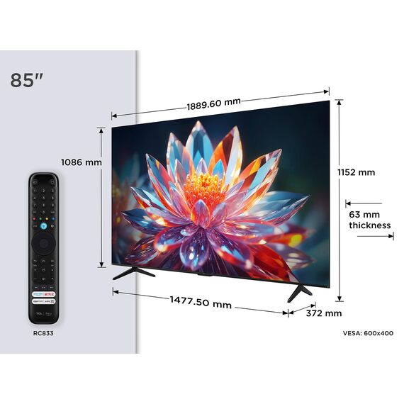 TCL 85T6C 85 Zoll QLED Fernseher, 4K UHD Fire TV, HDR10+, Dolby Vision & Atmos, Smart TV mit Sprachsteuerung mit Alexa, Google Cast & AirPlay 2, Onkyo 2.1 Sound, HDMI 2.1, ALLM