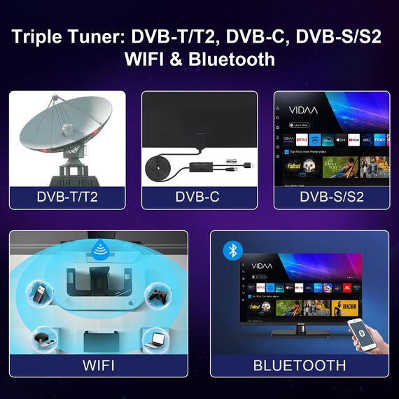 TuTu TUV25FQ1BC Fernseher 25 Zoll (64 cm), Full HD Smart TV mit Bluetooth, WLAN, Triple Tuner (DVB-T/T2, DVB-C, DVB-S/S2), App Store, AirPlay, HDMI, USB, Mittelfuss