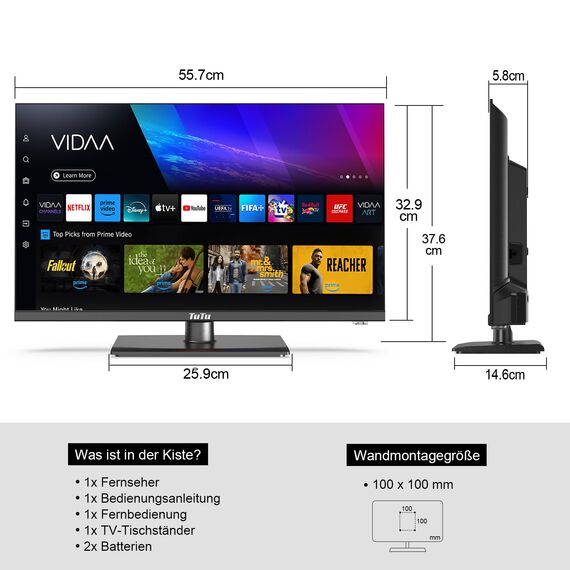 TuTu TUV25FQ1BC Fernseher 25 Zoll (64 cm), Full HD Smart TV mit Bluetooth, WLAN, Triple Tuner (DVB-T/T2, DVB-C, DVB-S/S2), App Store, AirPlay, HDMI, USB, Mittelfuss