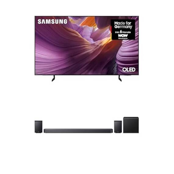Samsung OLED 4K TV S85F 65 Zoll (163 cm) UHD AI Fernseher mit OLED HDR HW-Q935GF Q-Serie 9.1.4-Kanal-Soundbar mit kabellosem 6,5"-Subwoofer & 2.0.2-Kanal-Rücklautsprecher