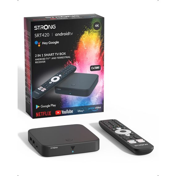 STRONG SRT420 4K Streaming Box Android TV Mit Ethernet-Port, DVB-T2, 2GB RAM + 8GB Speicher, Integriertem Chromecast, WiFi, Google Sprachassistent, HDR10+