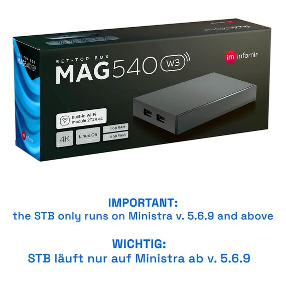 MAG 540w3 Original Infomir & hb-digital 4K Set Top Box Multimedia Player Internet TV Receiver UHD 60FPS 2160p@60 FPS HDMI 2.1 4K- und HEVC-Unterstützung USB3.0 ARM Cortex-A35 + HDMI Kabel